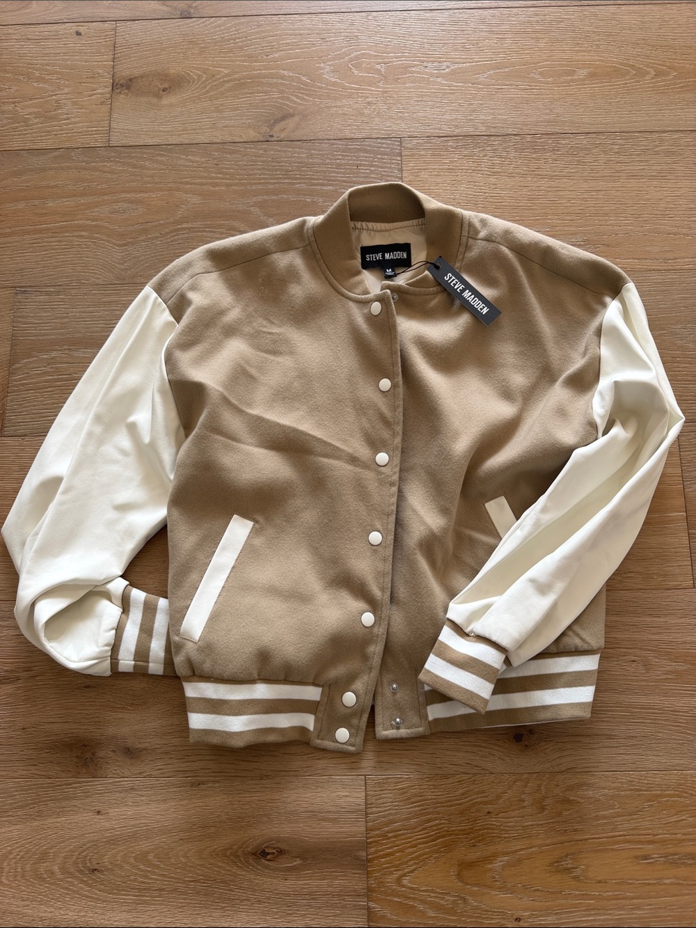NEW w tags Steve Madden Women's Tan and Cream Bomber Varsity Jacket (M)